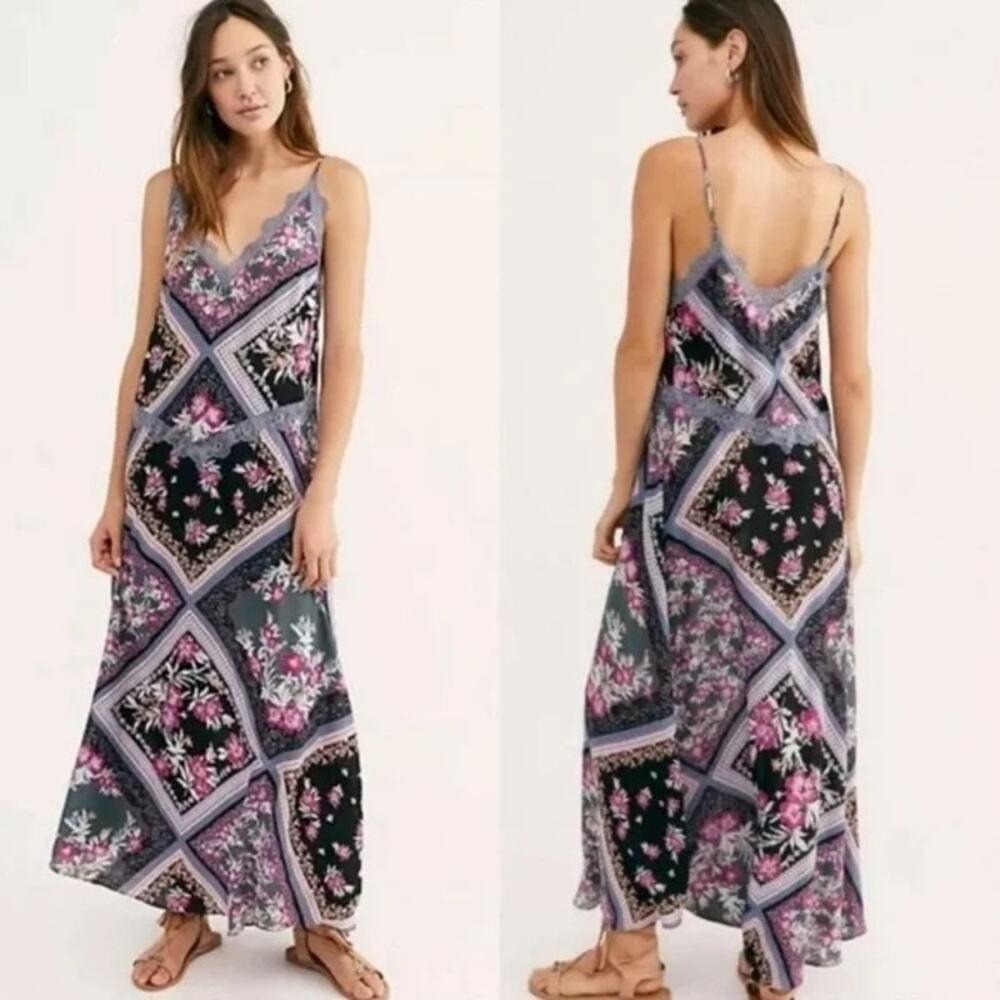 Free People Black & Lavender Floral Maxi Slip Dress